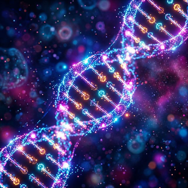 A close-up of a DNA double helix made of glowing particles